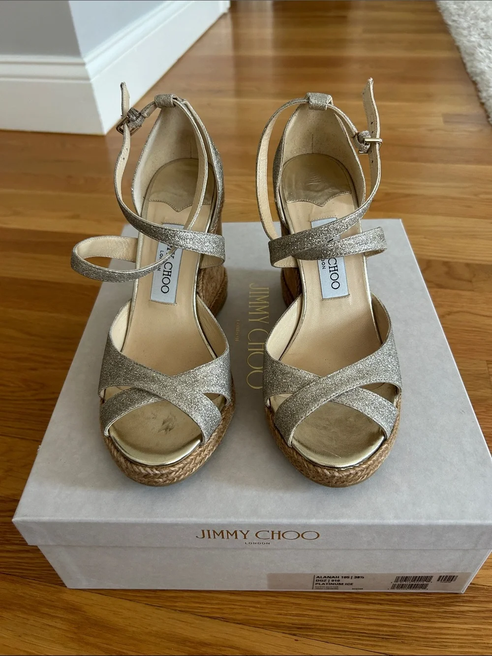 Jimmy Choo Platinum Ice Alana Espadrille Wedge Sandals size 38.5